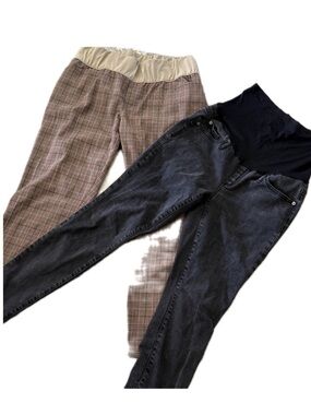 Two pair GAP Maternity Pants: plaid slim pants Sz 12; Black Skinny Jeans Sz 28R